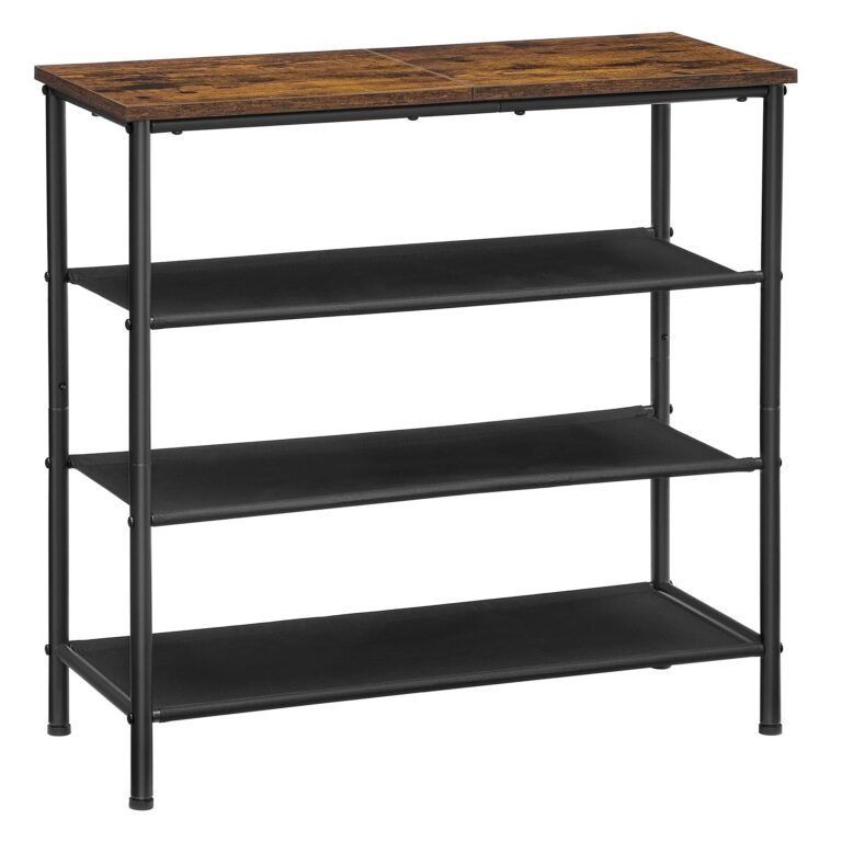 Four-tier shoe rack with a brown top and black shelves