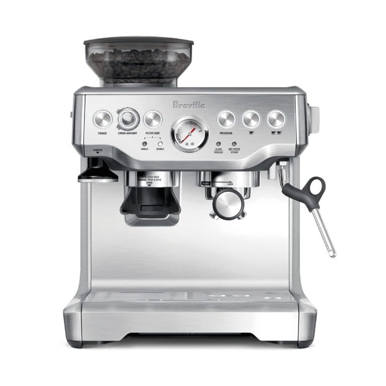 Silver Breville espresso machine with bean hopper, dials, and steam wand