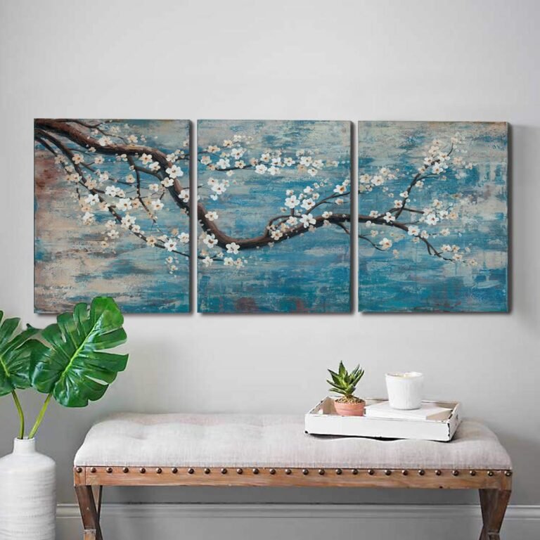 Triptych painting of a flowering branch on a blue textured background