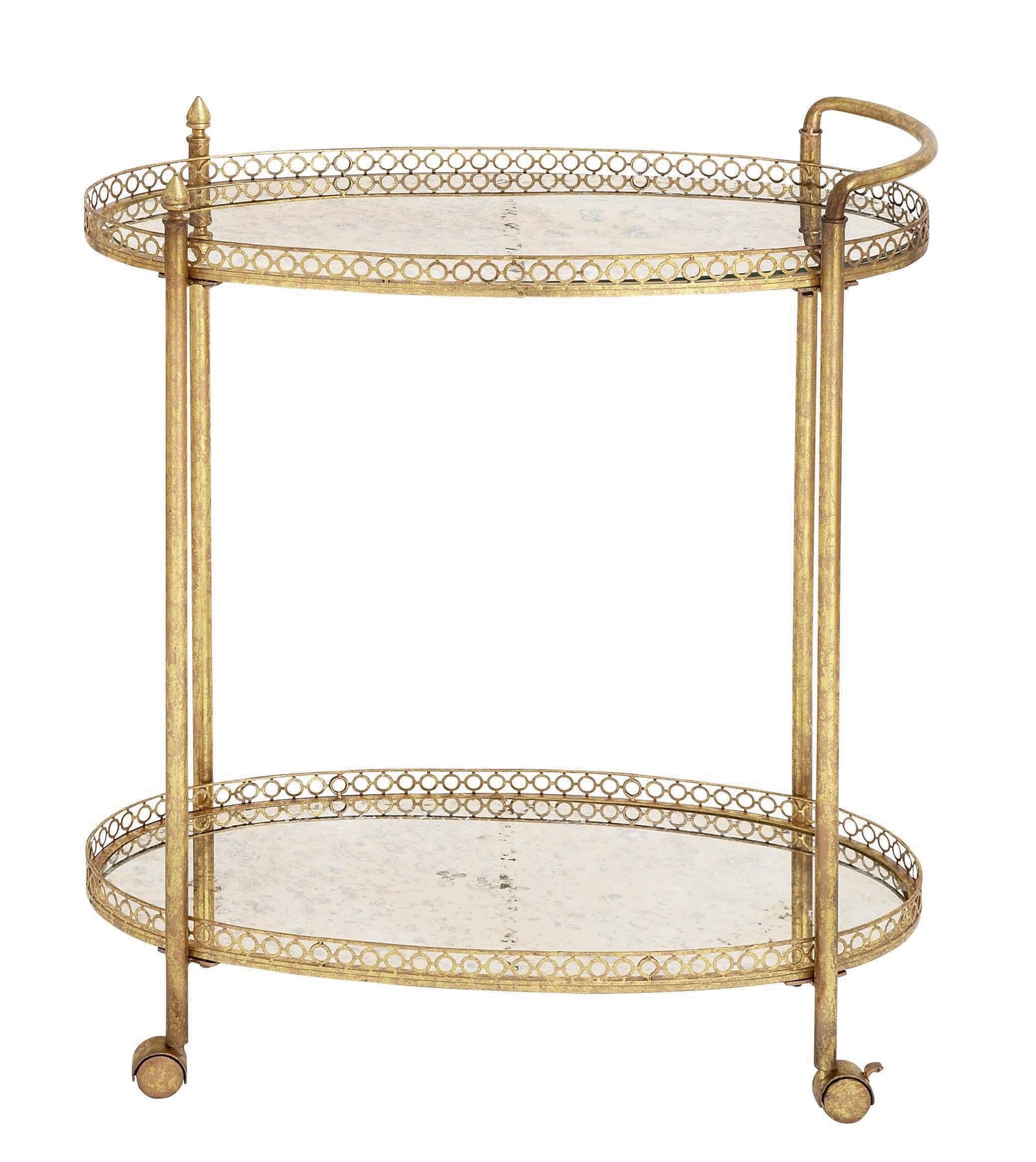 Gold oval bar cart with mirrored shelves and decorative trim