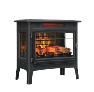 Black electric fireplace with faux logs and glowing embers