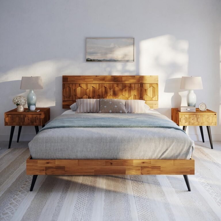 Wooden bed with geometric headboard, nightstands, lamps, and artwork