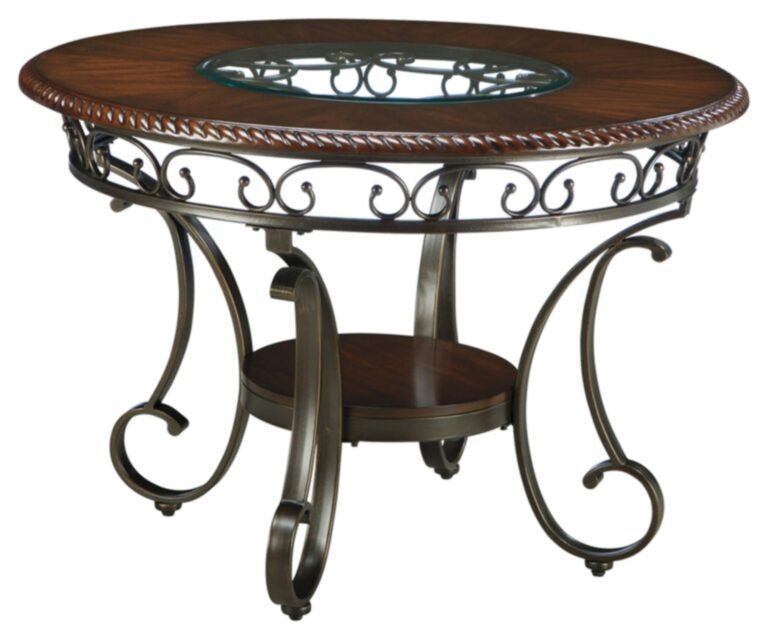 Round wooden table with metal scrollwork and glass insert