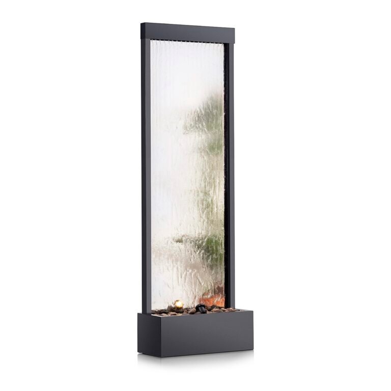 Indoor water fountain with a glass panel and rocks