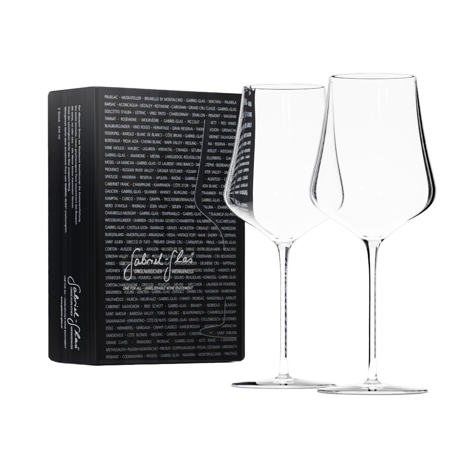 Two Gabriel-Glas wine glasses with a box in the background