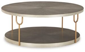Round, two-tiered coffee table with gold legs and a wood grain finish