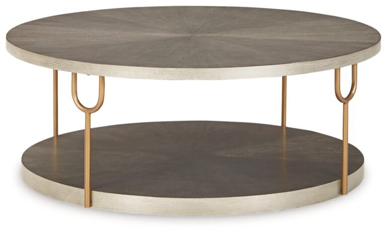 Round, two-tiered coffee table with gold legs and a wood grain finish