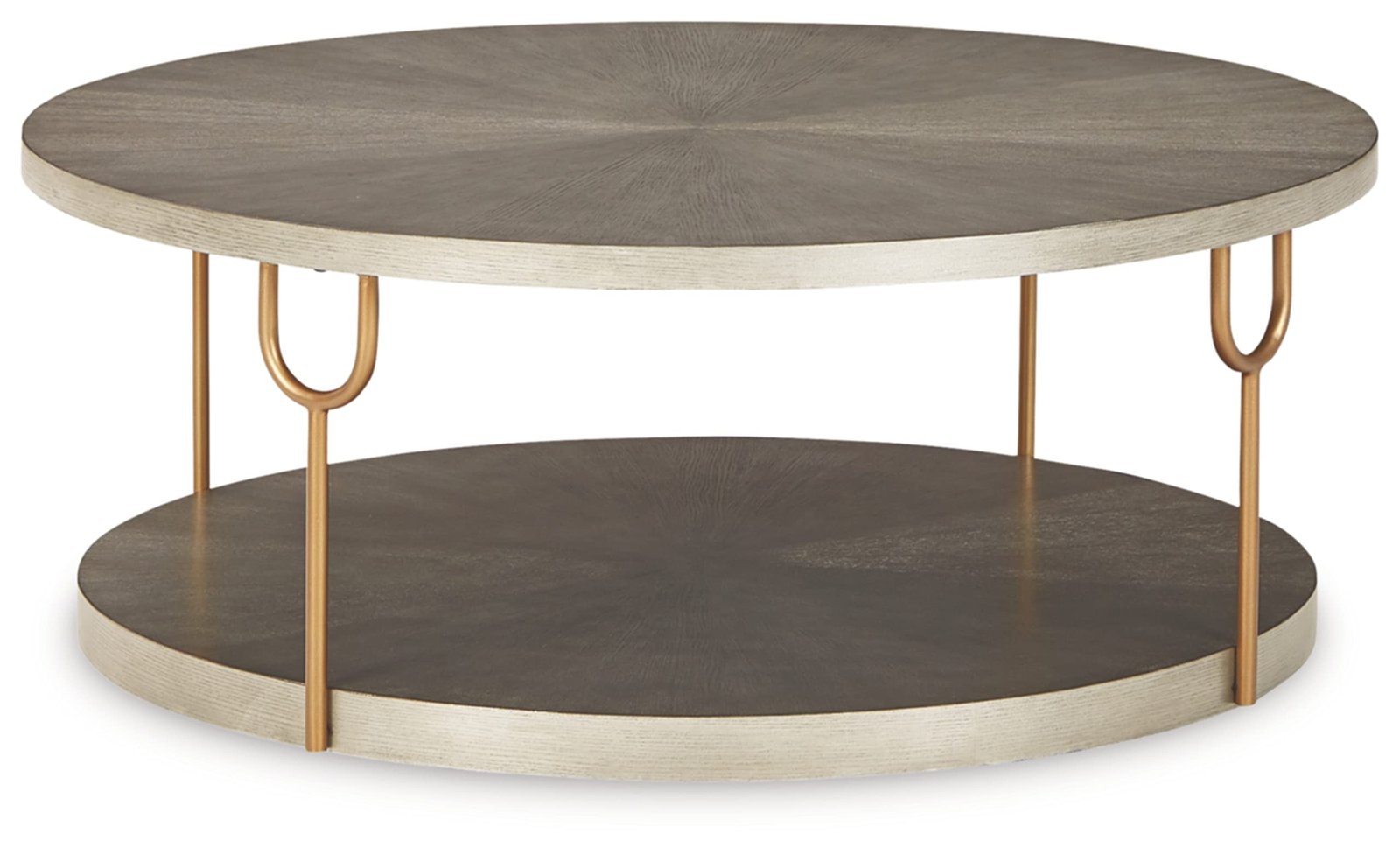 Round, two-tiered coffee table with gold legs and a wood grain finish