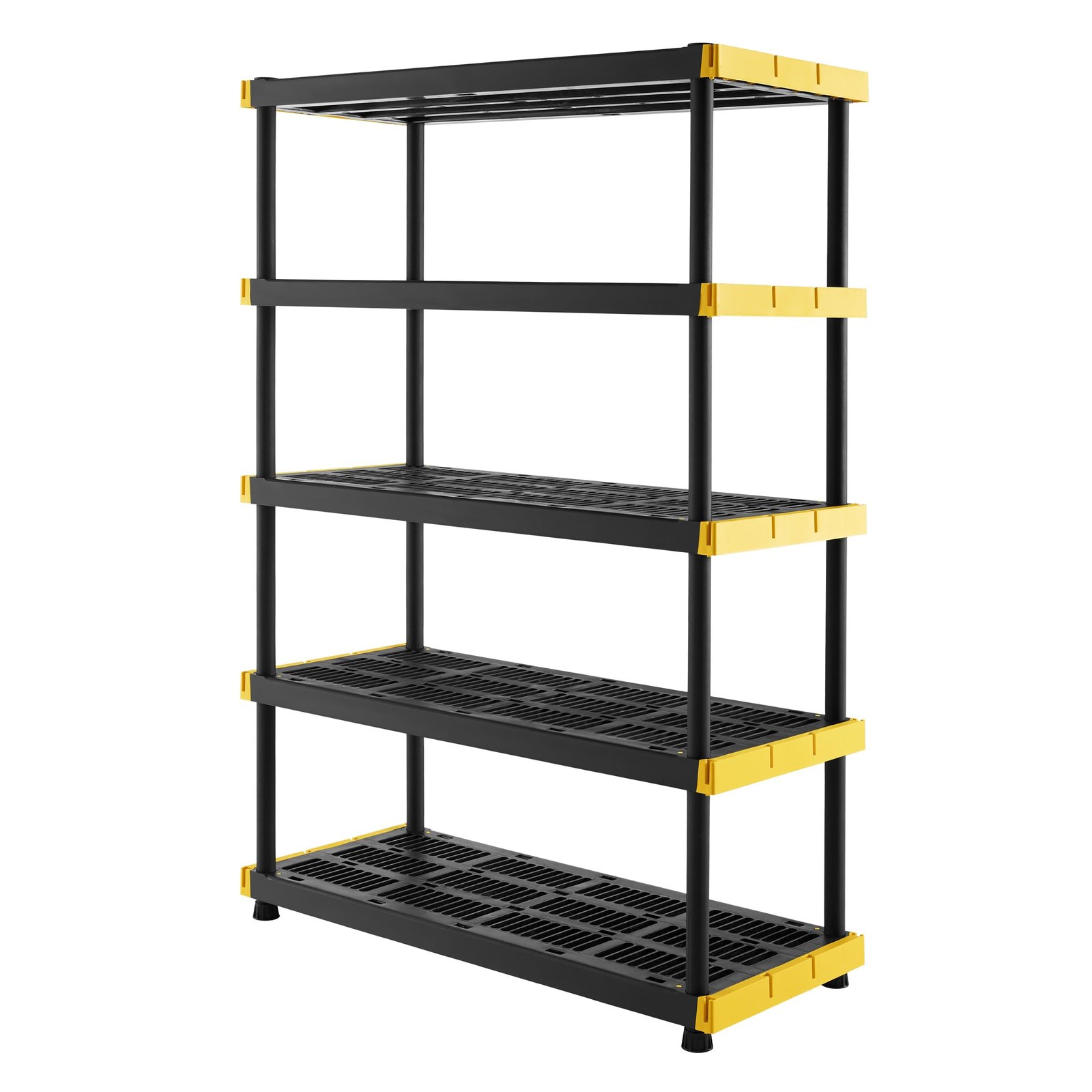 Black and yellow plastic shelving unit with five shelves on a white background