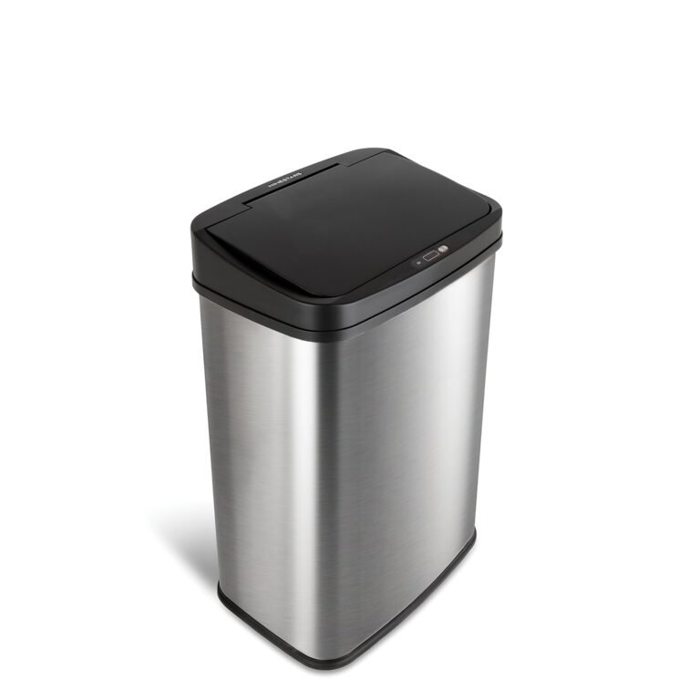 Stainless steel automatic trash can with black lid and sensor