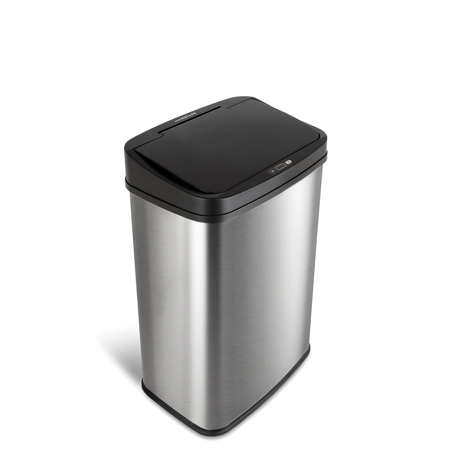 Stainless steel automatic trash can with black lid and sensor