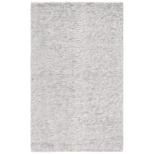 Rectangular, textured, light gray rug with subtle blue flecks