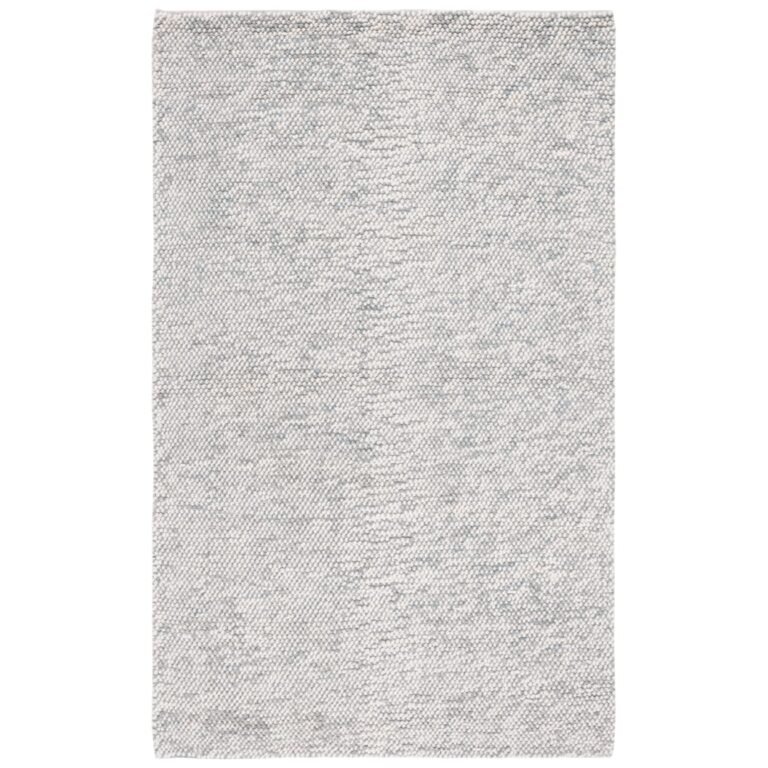Rectangular, textured, light gray rug with subtle blue flecks