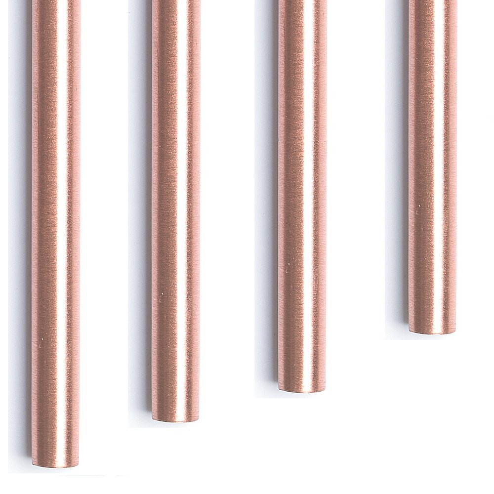 Four copper-colored cylindrical rods on a white background