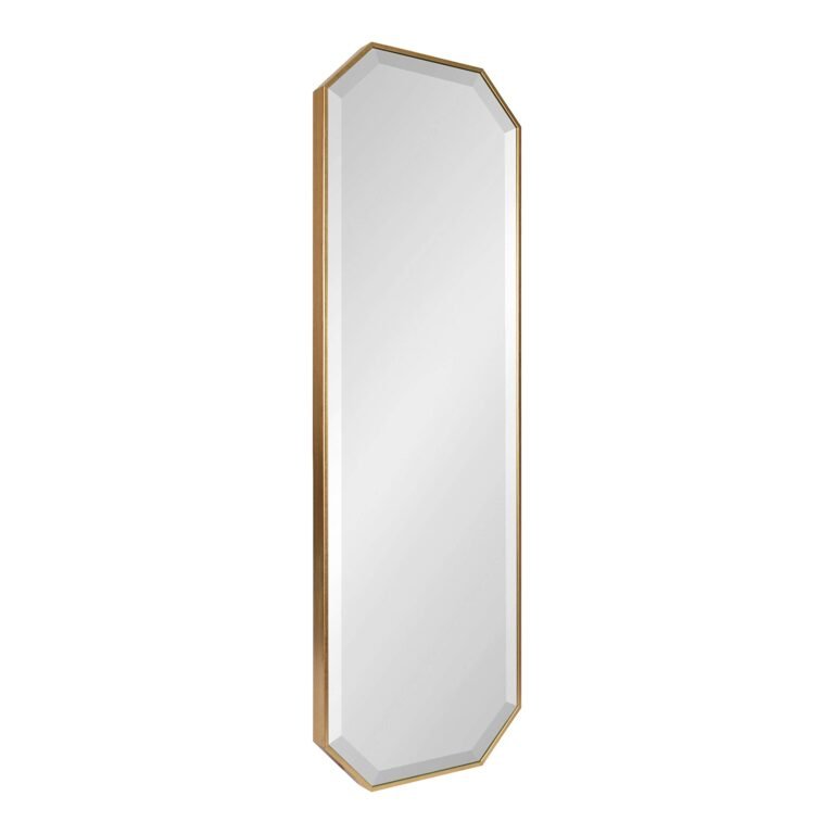 Tall, rectangular mirror with a gold frame and geometric edges