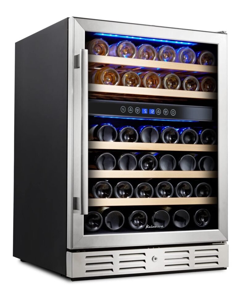 Stainless steel wine refrigerator filled with bottles, blue lighting