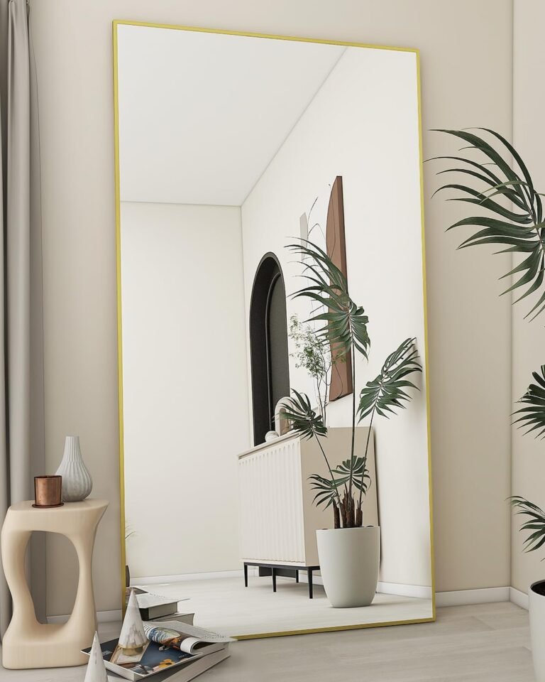 Full-length mirror with a gold frame, reflecting a room with plants