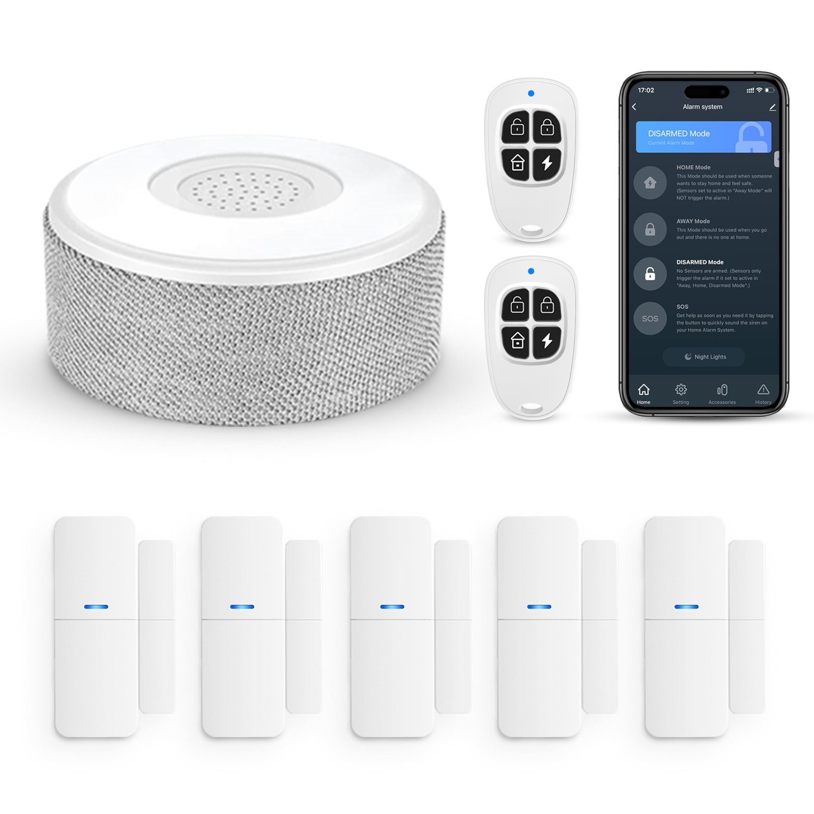 Home security system components: hub, remotes, door/window sensors, and phone app