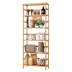 Wooden kitchen shelf filled with various kitchen items and appliances