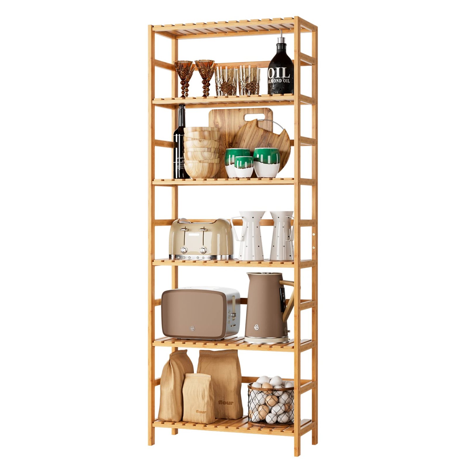Wooden kitchen shelf filled with various kitchen items and appliances