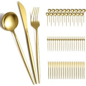 Gold-colored flatware set with spoons, forks, and knives on a white background