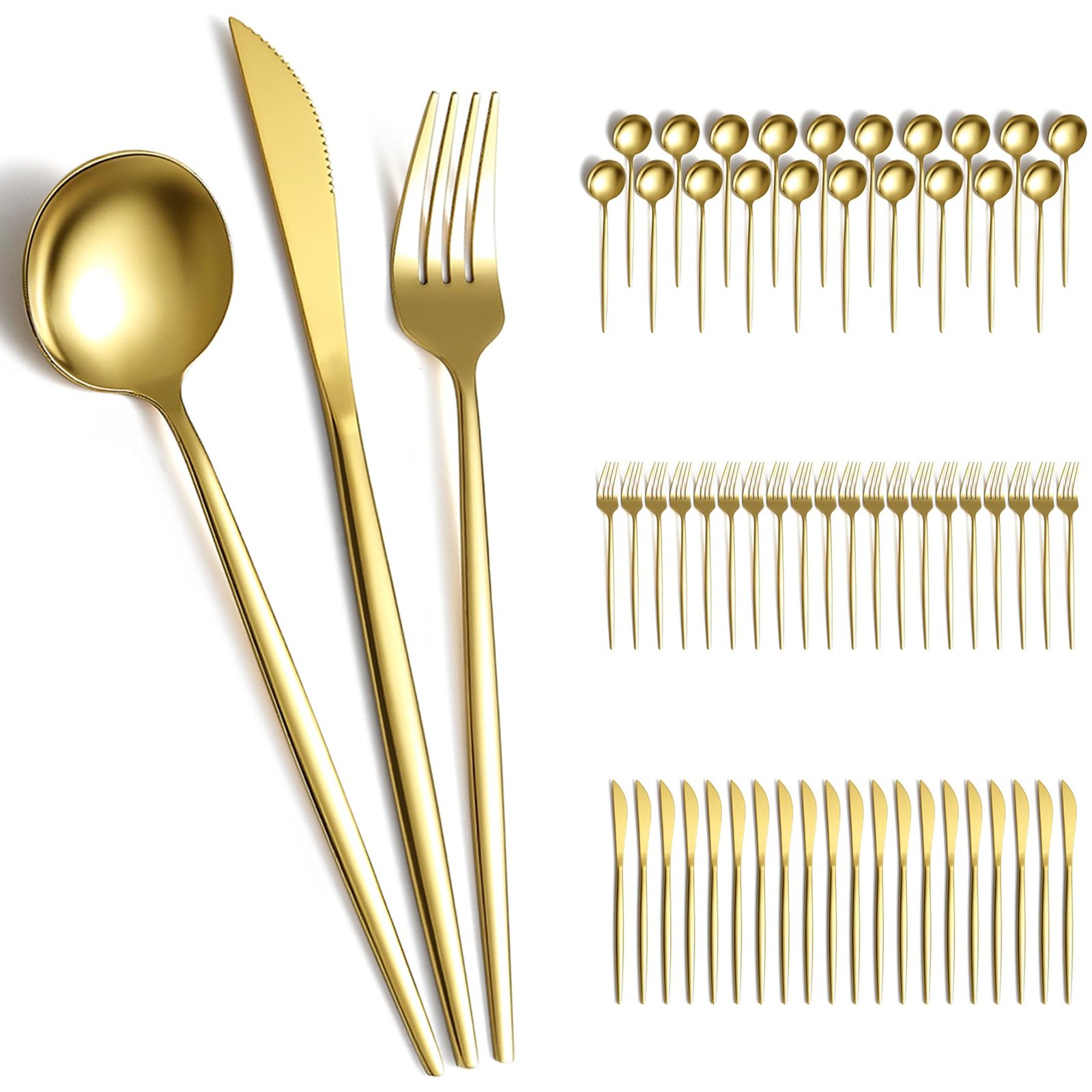 Gold-colored flatware set with spoons, forks, and knives on a white background