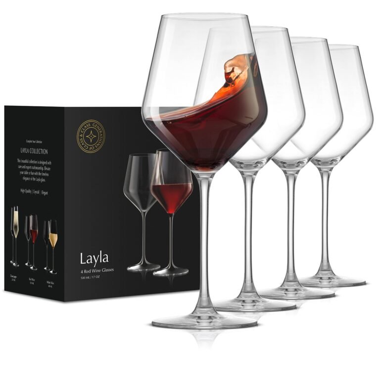 Four red wine glasses, one filled with red wine, next to a product box