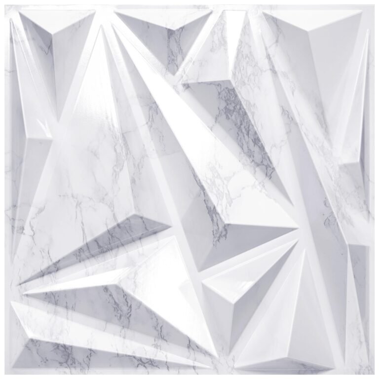 White geometric wall panel with marble-like texture and triangular shapes