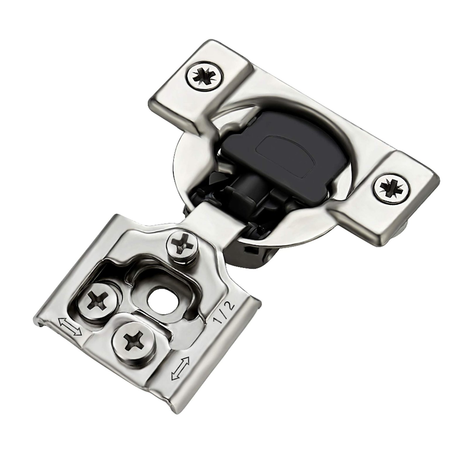 A metal cabinet hinge with screws, black plastic, and a 1/2 marking