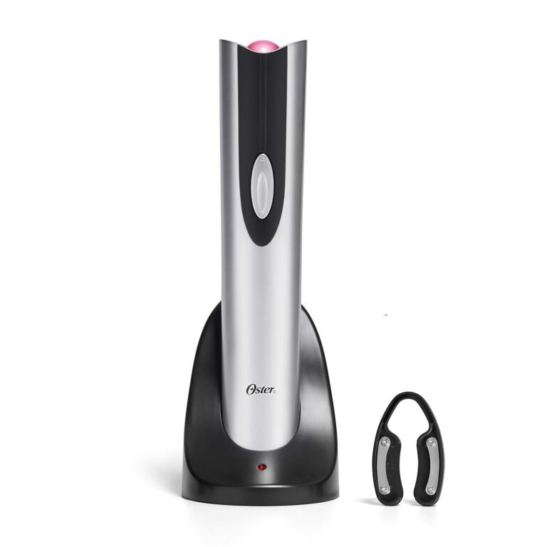 Silver and black Oster electric wine opener with charging base and foil cutter