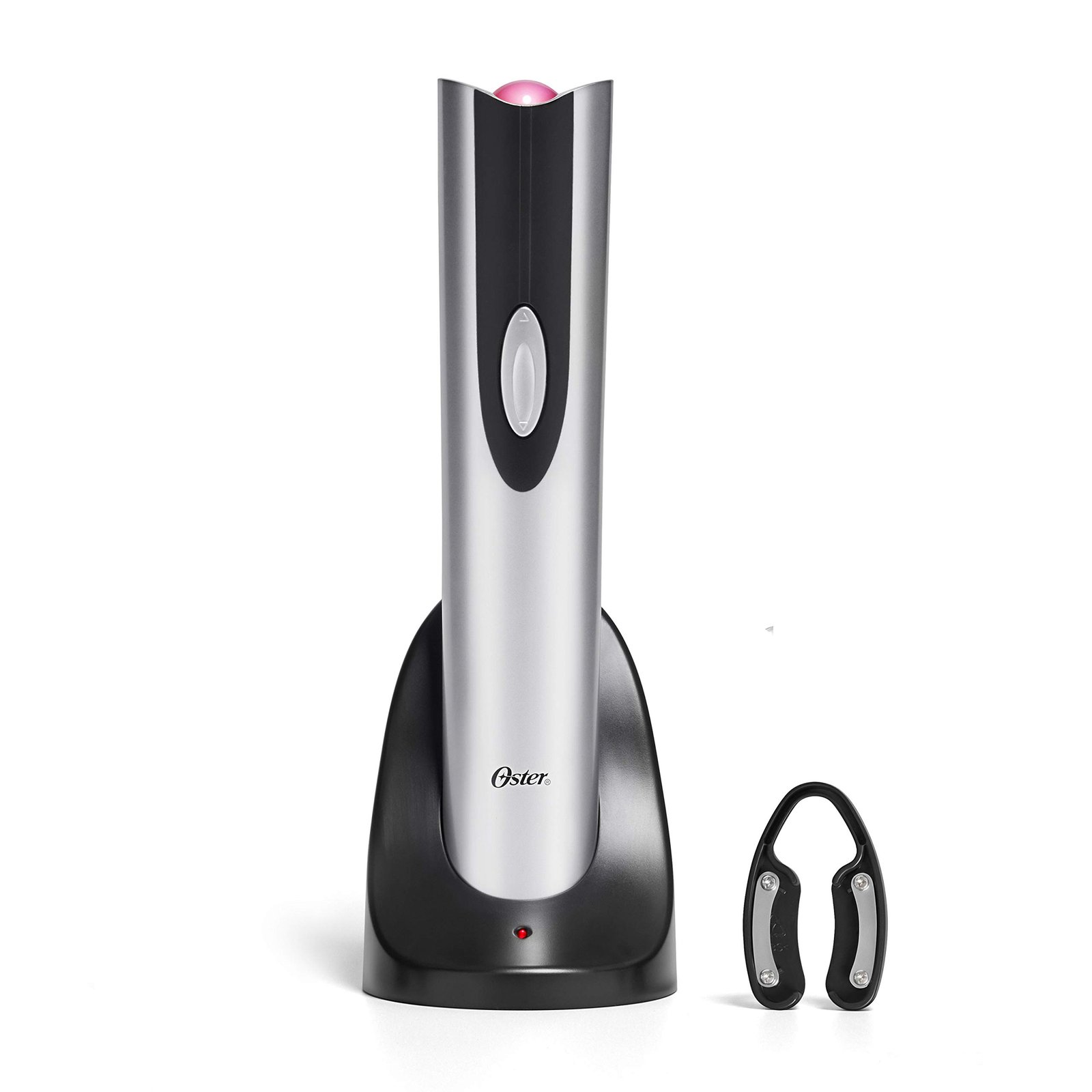 Silver and black Oster electric wine opener with charging base and foil cutter