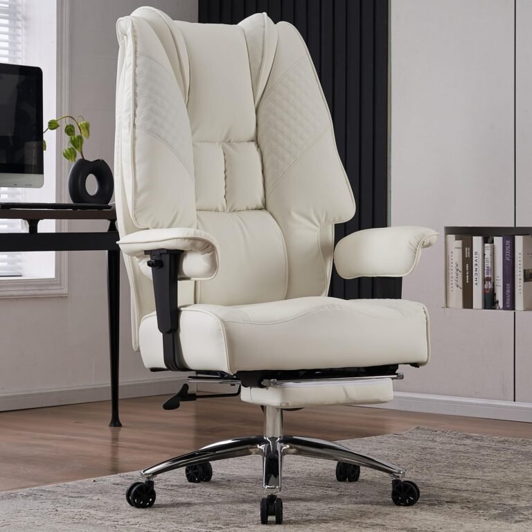Cream-colored executive office chair with quilted details and chrome base