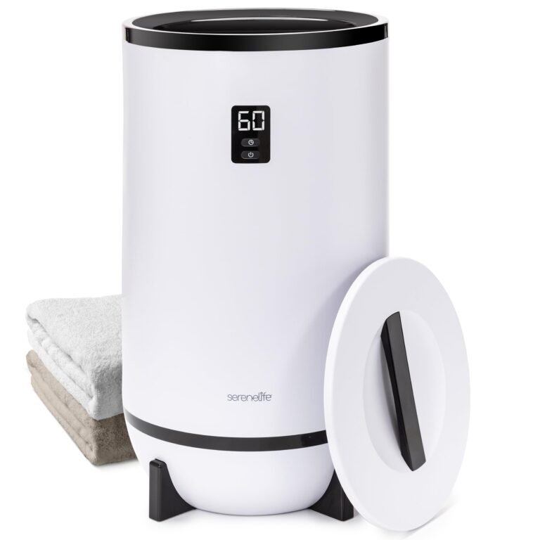 White towel warmer with digital display, towels, and open lid