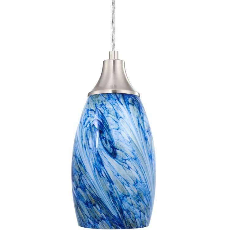 Blue and white glass pendant light with a brushed metal top
