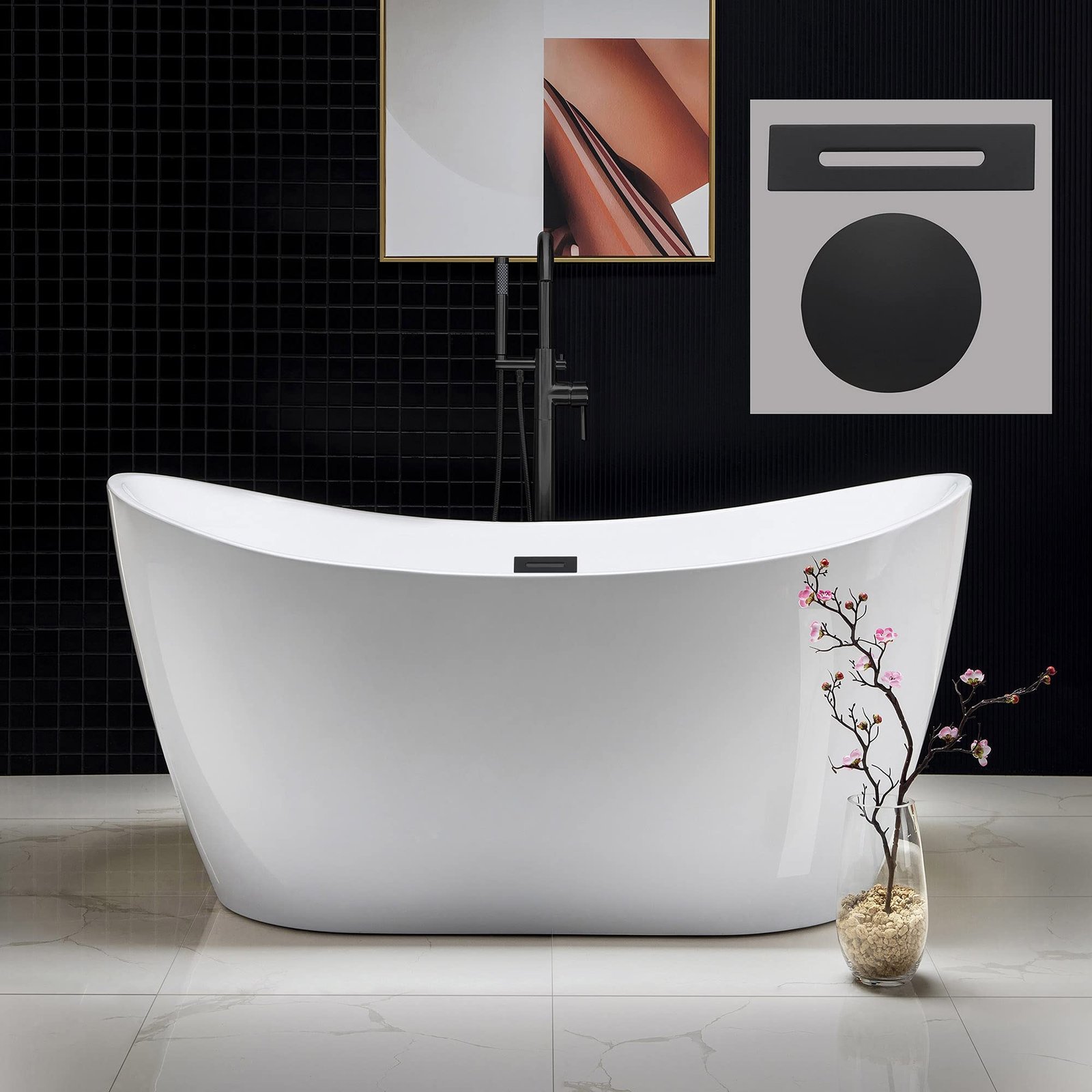 White freestanding bathtub in a modern bathroom with black walls