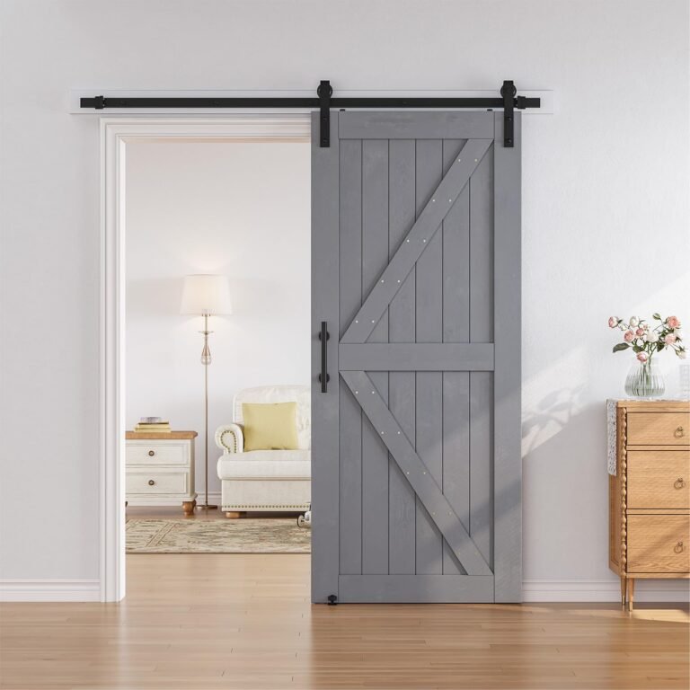 Gray barn door on a black track, open to a living room