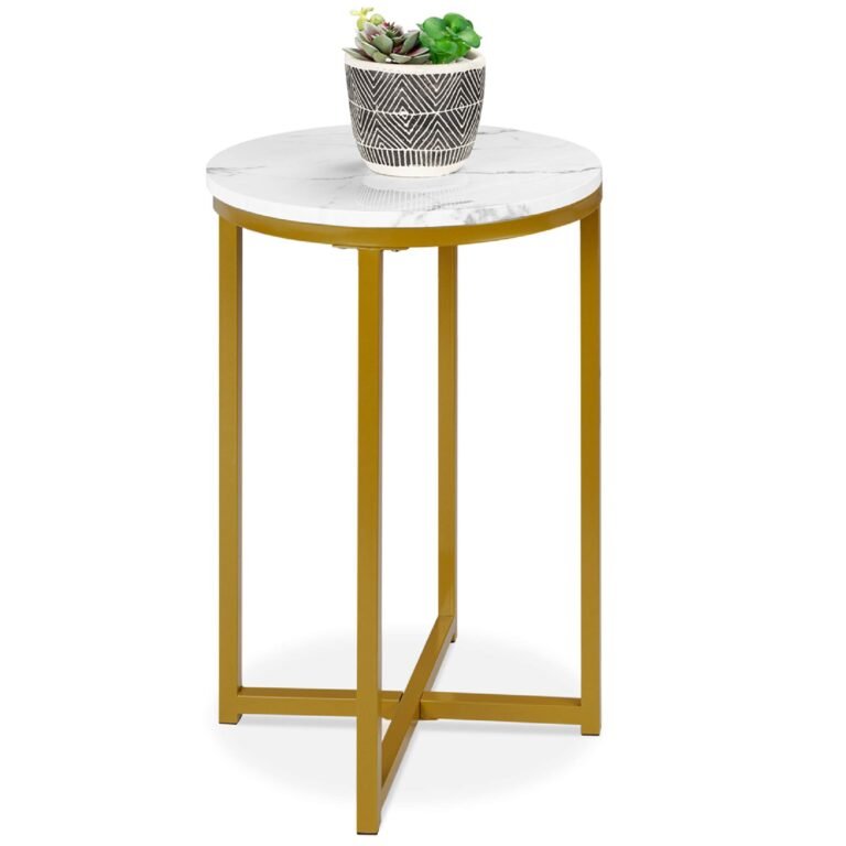 Round side table with marble top, gold legs, and potted succulent