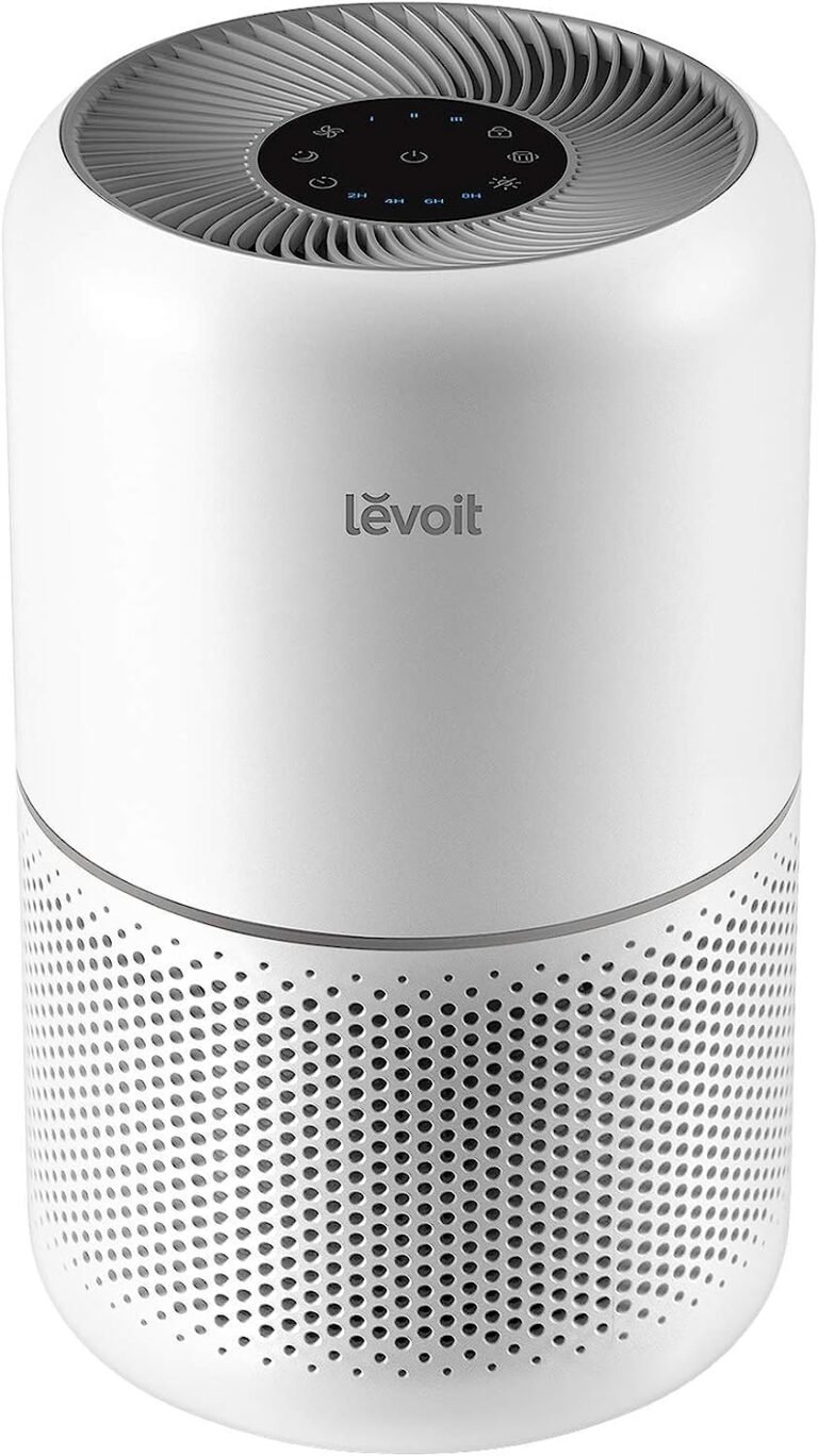 White Levoit air purifier with a gray top and control panel