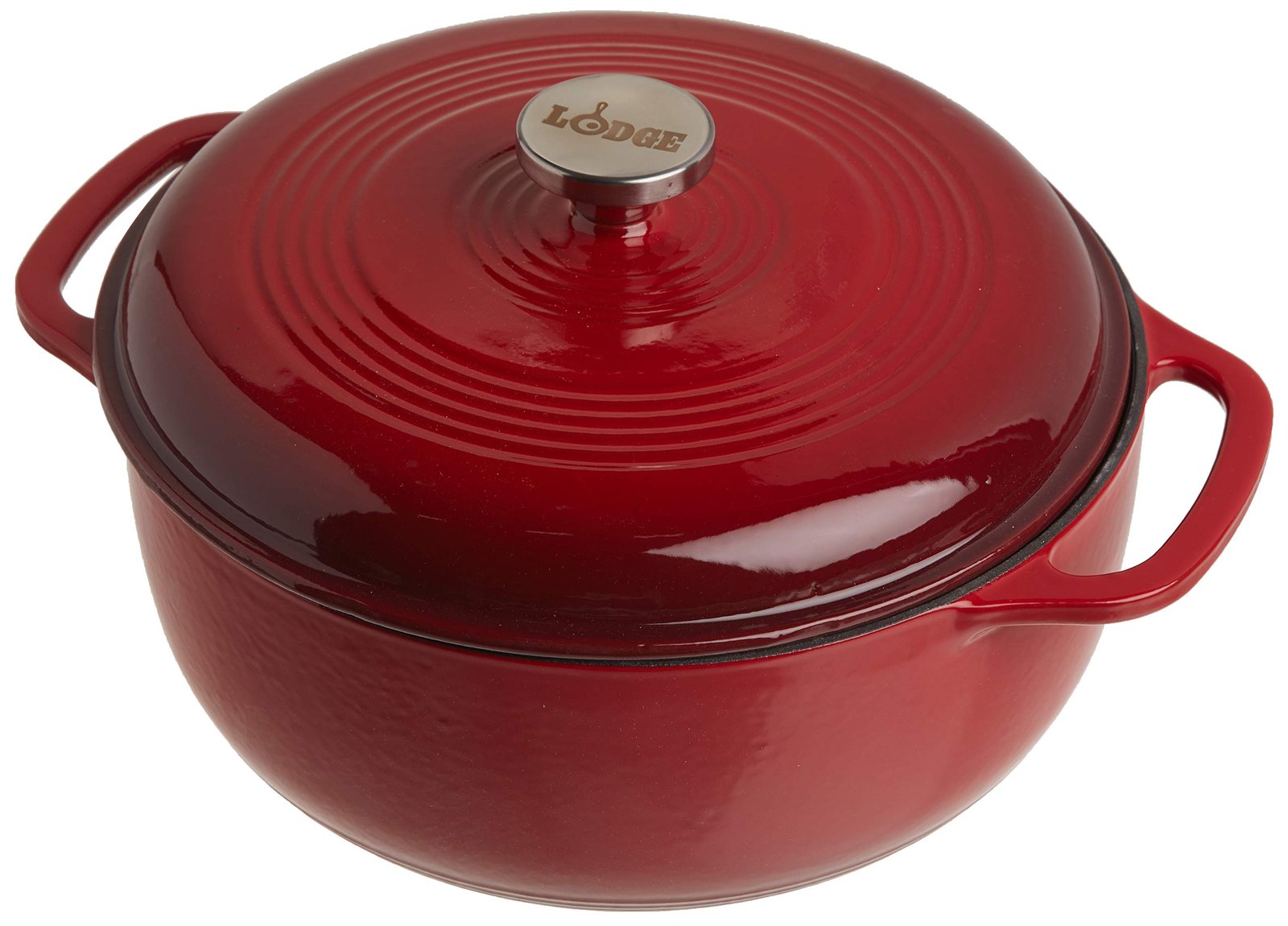 Red enameled cast iron Lodge Dutch oven with lid and handles