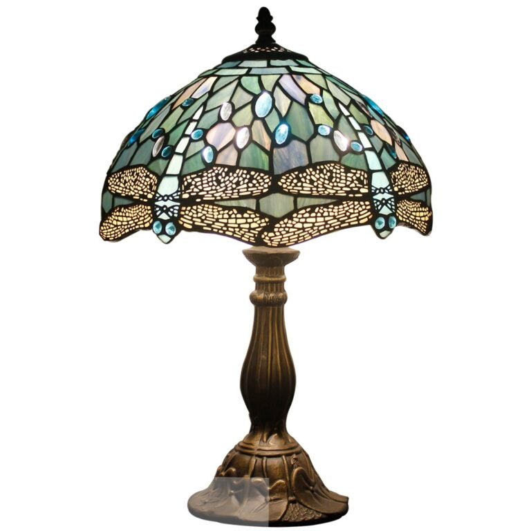 Tiffany-style dragonfly lamp with stained glass shade and ornate bronze base