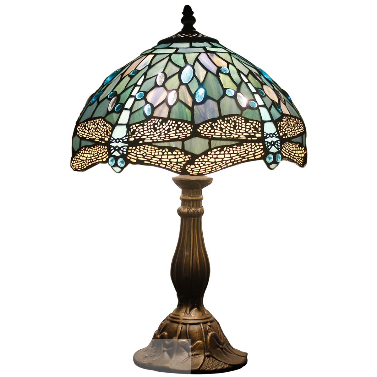 Tiffany-style dragonfly lamp with stained glass shade and ornate bronze base