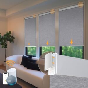 Smart home blinds controlled by voice assistant, shown in a living room