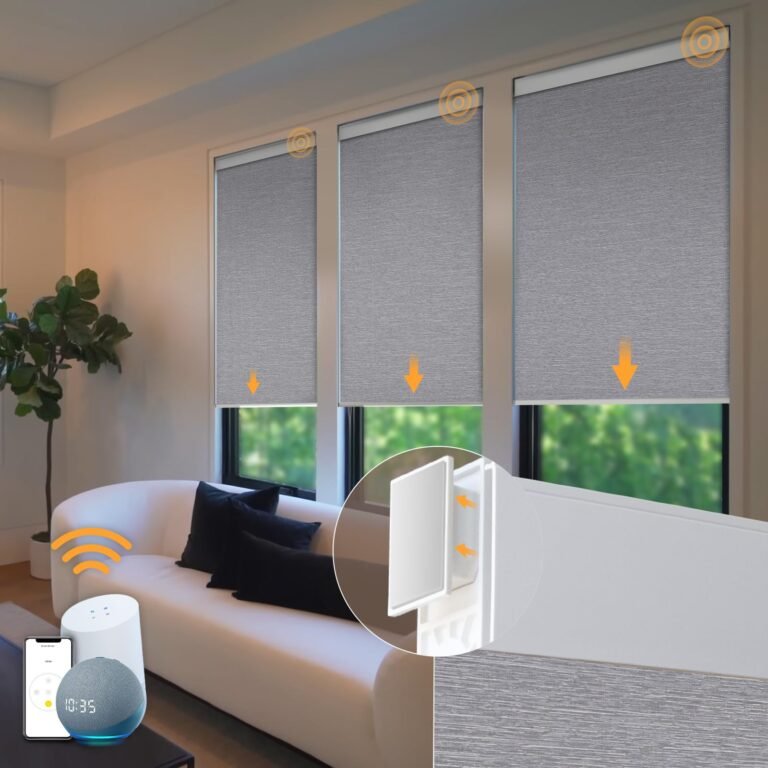Smart home blinds controlled by voice assistant, shown in a living room