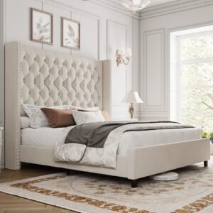 Elegant bedroom with a tufted headboard bed and a robot vacuum