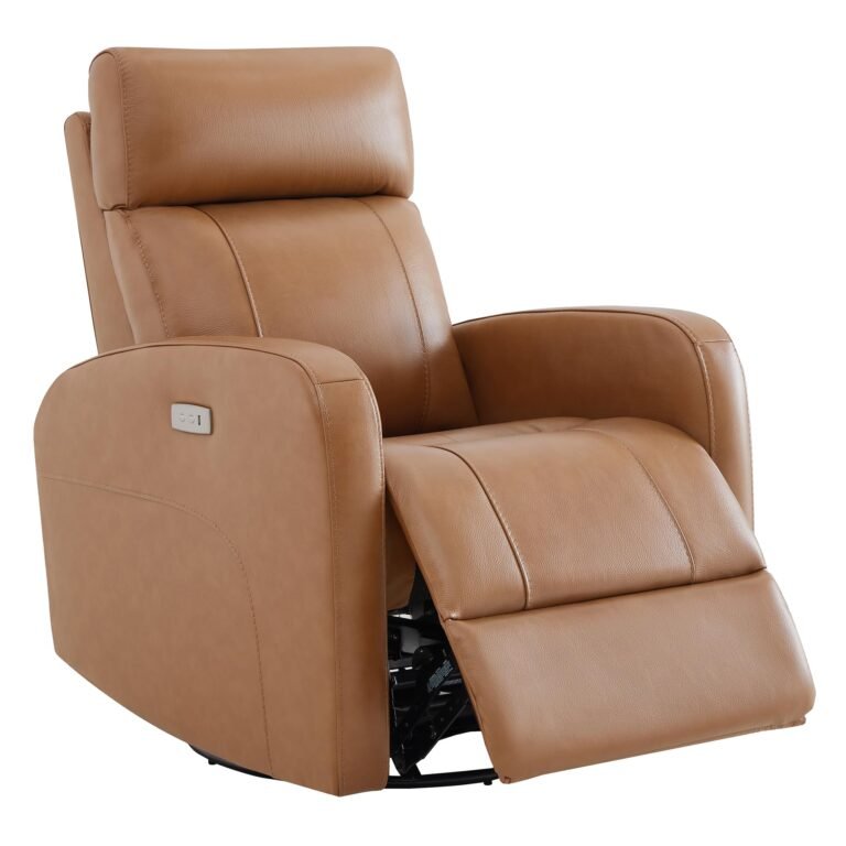 Brown leather recliner chair with extended footrest and control panel on arm