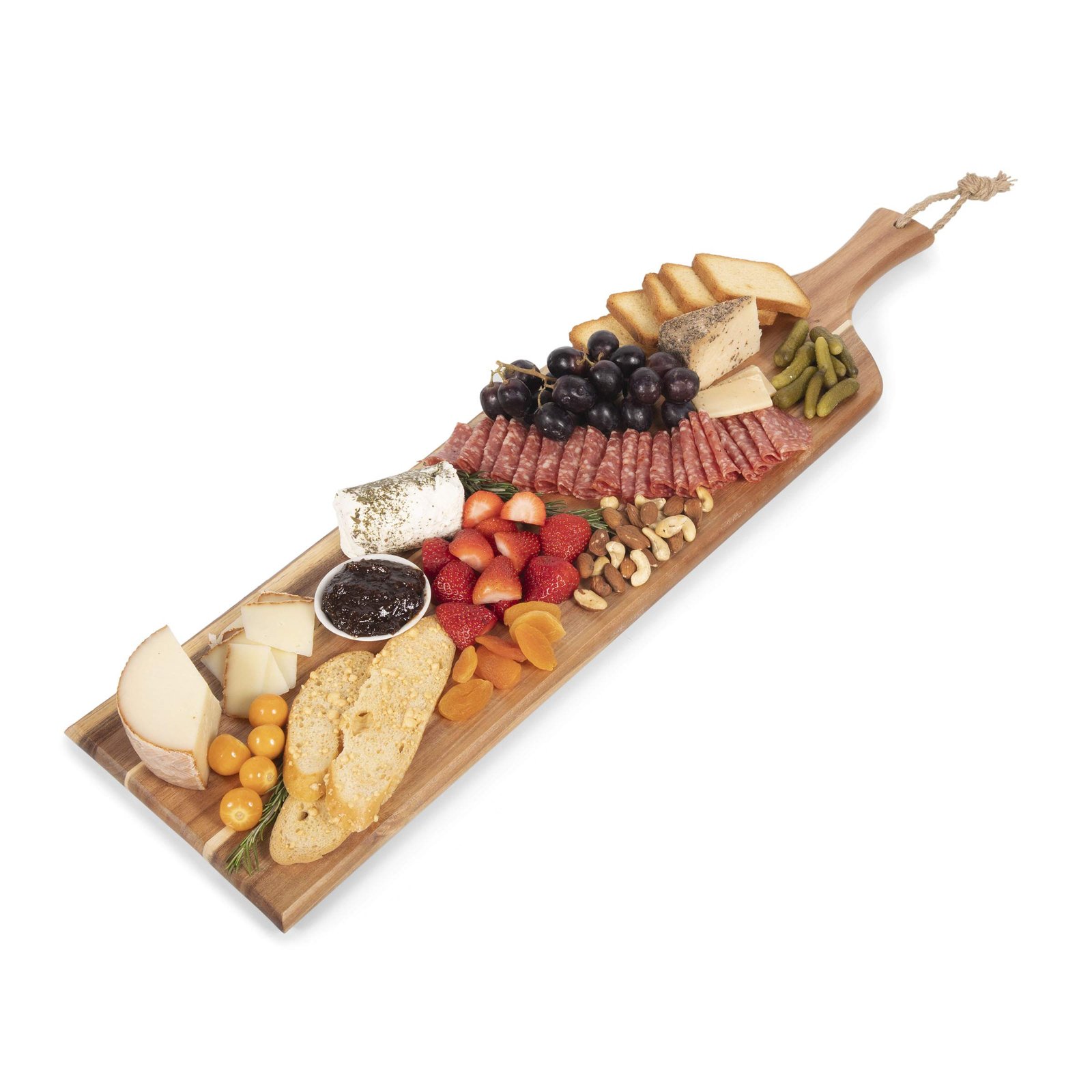 Wooden charcuterie board with cheese, meats, fruits, nuts, and bread
