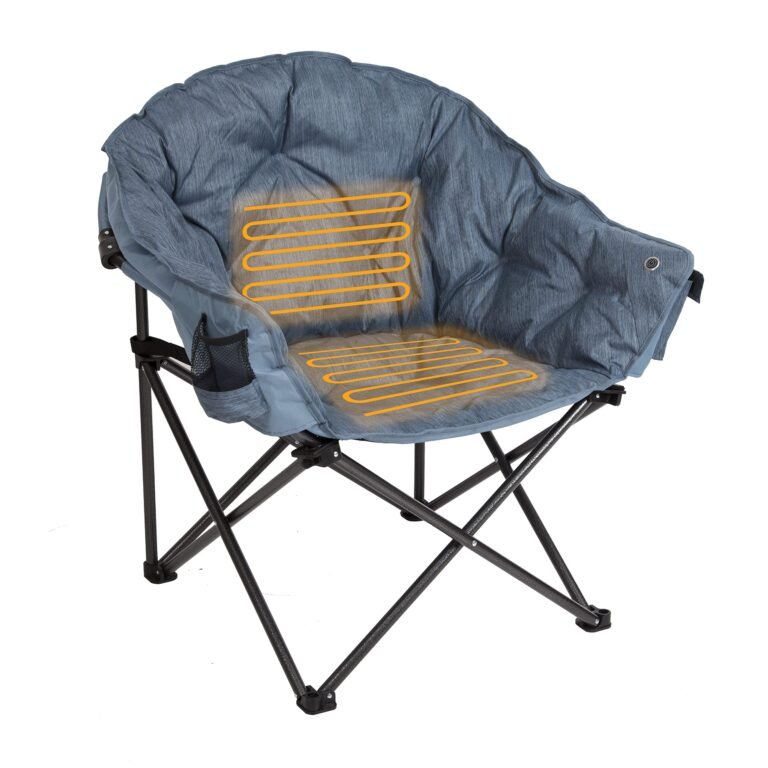 Blue heated camping chair with black frame and orange heating elements