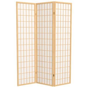 Three-panel folding screen with light wood frame and white paper inserts