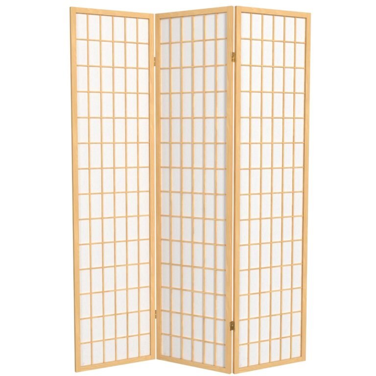 Three-panel folding screen with light wood frame and white paper inserts