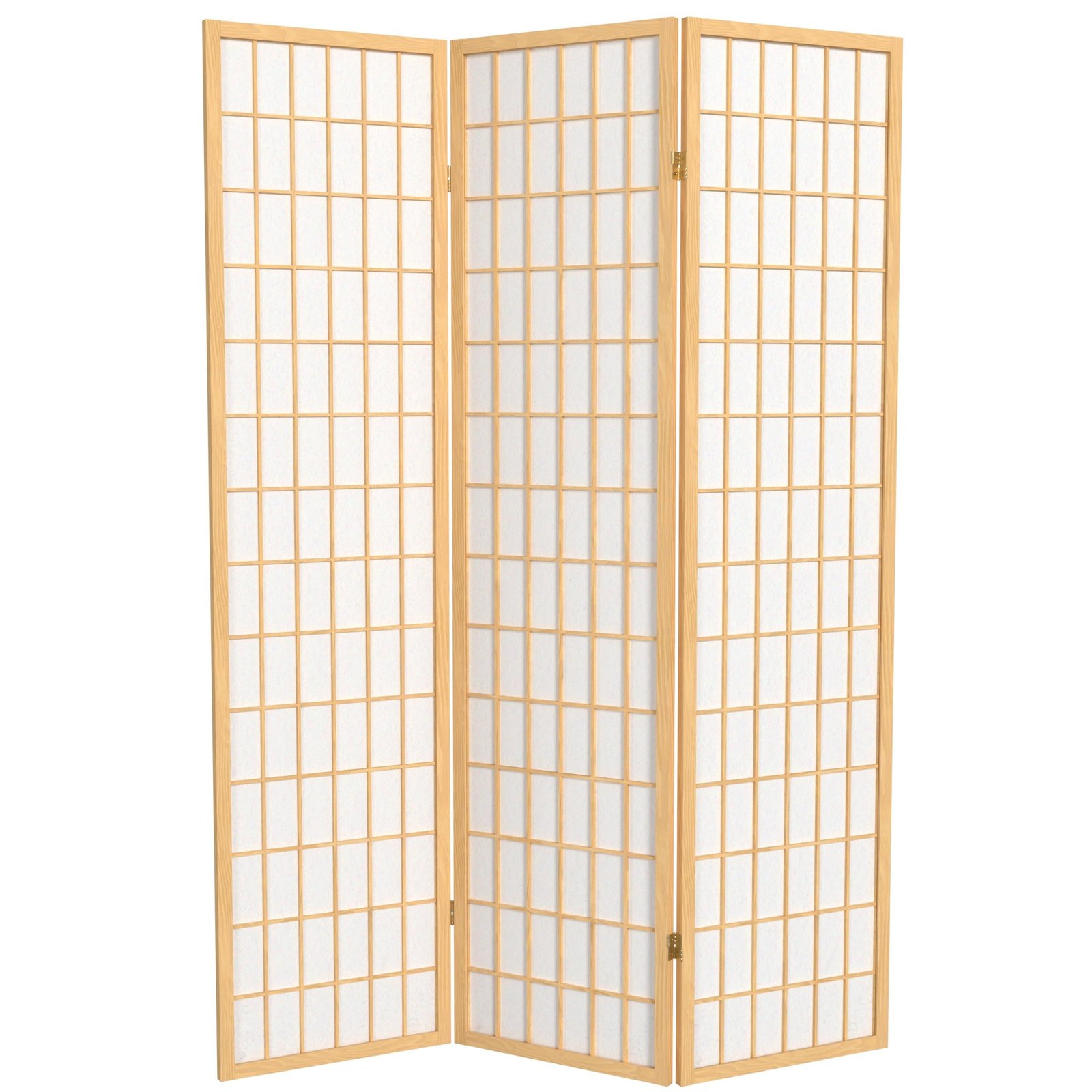 Three-panel folding screen with light wood frame and white paper inserts